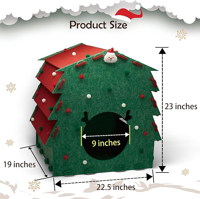 KAQJW Christmas Detachable Felt Cat Bed Condo Shelter House for Indoor Use - Easy to Assemble, Durable and Warm Funnest - Cozy Shelter with Bonus Cat Toys (Xmas-Large House)