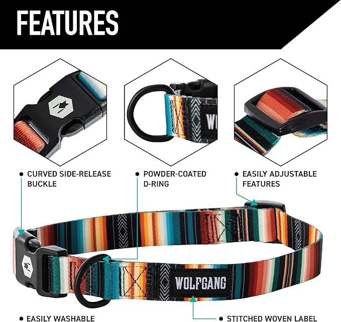 Wolfgang Heavy Duty, Adjustable Dog Collar with Quick Release Nylon Buckle for Walking & Training, LostArt Print, Large