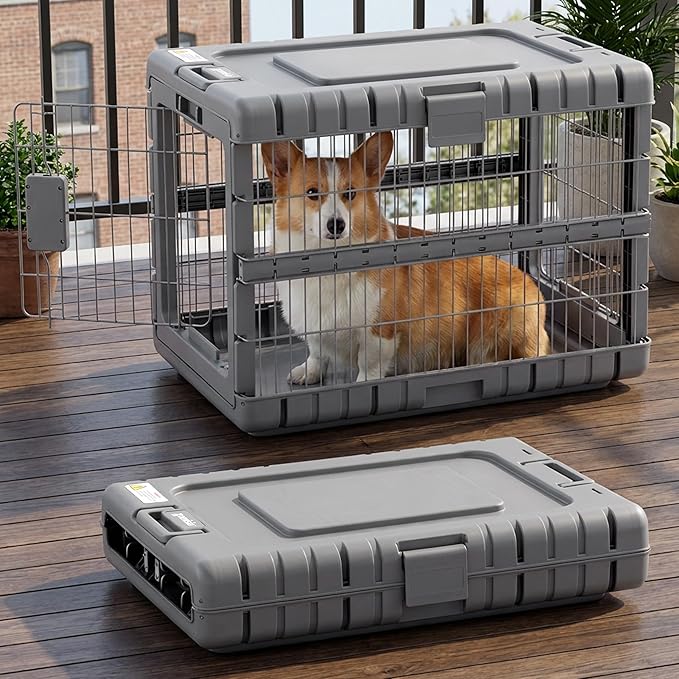 Collapsible Dog Crate for Dogs - 28" L Heavy Duty Dog Kennel No Tools Required with 4 Sides Steel Foldable Cage for Dogs Indoor Furniture, Portable Carrier with 2 Smooth Wheels, Gunmetal
