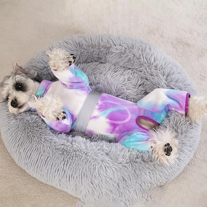 Dog Coats for Small Dogs, Polar Fleece Dog Pajamas Bodysuit, Puppy Onesies Tie Dye Jumpsuits, Dogs Warm Clothes Four-Legged, Doggie Fullbody Winter Jacket Vest