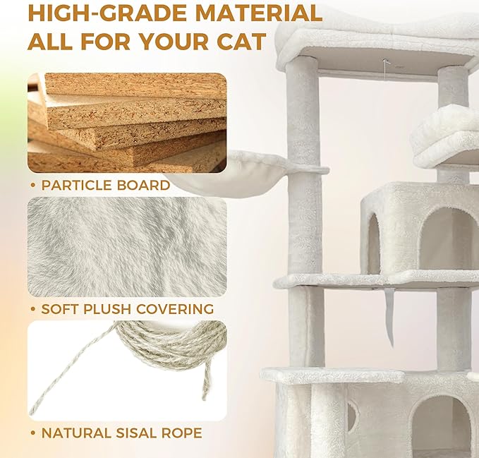 68-Inch Cat Tree Tower for Indoor, Multi-Level Furniture with 2 Hammocks, Cave & Scratching Posts, Plush Condo for Large Cats & Multi-Cat Households (Beige-A)