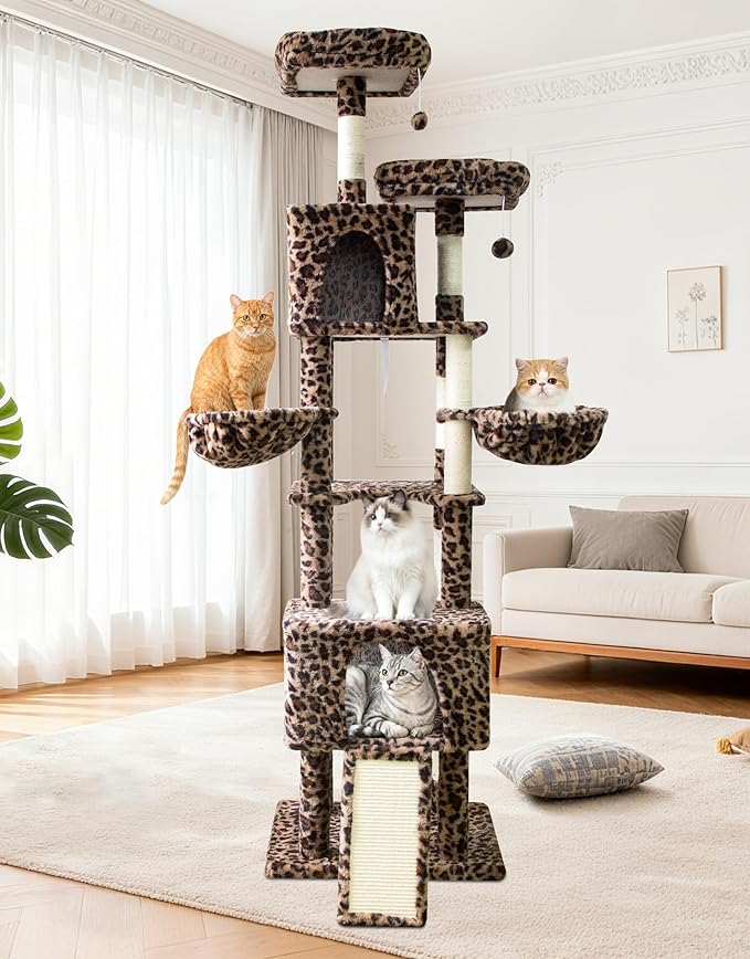 82" Tall Cat Tree,Giant Cat Tree for Indoor Cats Large Adult, Heavy Duty Cat Tree Tower, Extra Large Cat Trees with Scratching Posts, Cat Condos, Hammock,Top Perch,Ramp (Leopard)