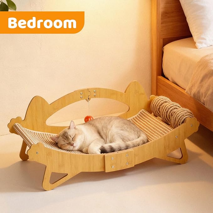 Cat Scratcher Bed, 3-in-1 Cat Scratching Pad with Hammock & Ball, Natural Sisal with Solid Wood Frame Cat Scratch Post for Indoor Cats Lounger & Sleep & Scratch