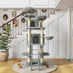 Large 70.87in Cat Tree with 2 Condos, 3 Perches & Hanging Hammock, Cat Tower with Short Plush & No Sharp Edges, Natural Sisal Scratching Areas, Safe & Stable for Multi-Cat Families (Gray, 70.87in)