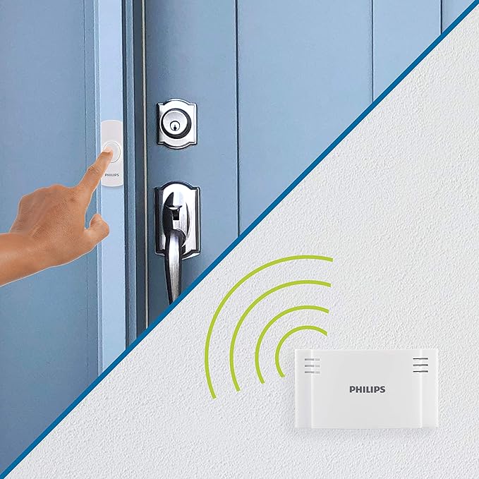 Philips Wireless Doorbell Kit, Battery-Operated Reciever, 1 Push Button, 2 Melodies, 4 Volume Levels, 150 Ft Range, White, DES1120W/27