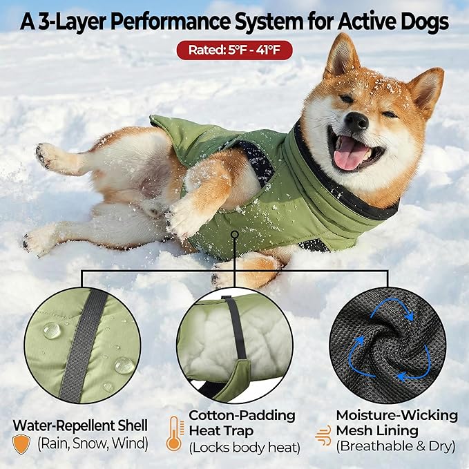 Dog Winter Coat, Warm Puffer Jacket with Fur-Safe Buckle & Leash Hole for Cold Weather, Water-Repellent Snow Vest, Breathable Thermal Apparel for Hiking & Active Dogs (Green, Medium)