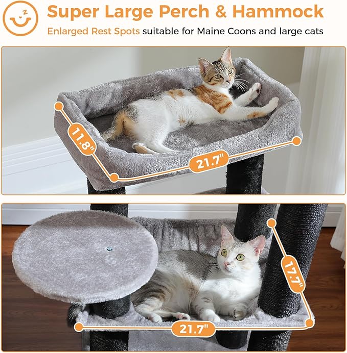 PETEPELA 58" Large Cat Tree for Big Adult Cats up to 30 lbs, Heavy Duty Cat Tower w/Extra-Thick Scratching Posts [φ3.9”], XL Hammock & Spacious Condo, Study Cat Furniture for Maine Coons, Black