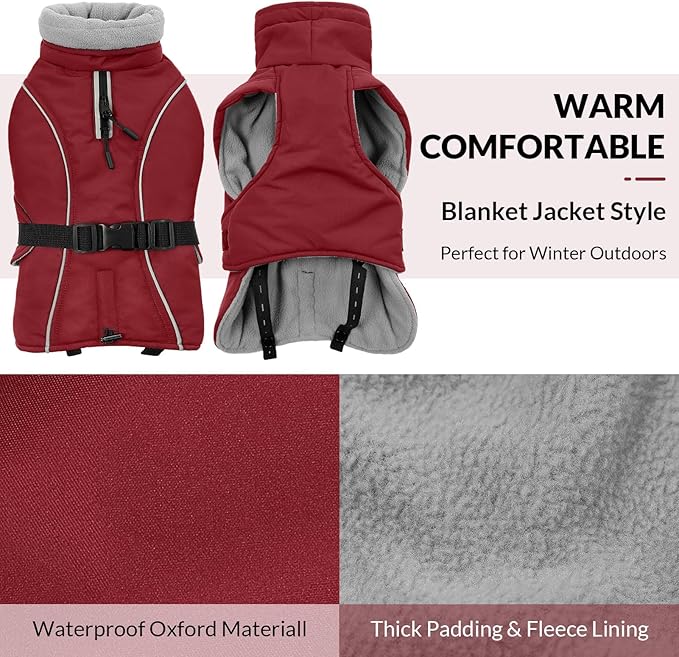Queenmore XL Dog Coat, Winter Dog Jacket for Large Dogs, Waterproof Puffy Dog Snowsuit, Adjustable Reflective Fleece Lining Warm Padding Parka for Cold Weather, Red XL