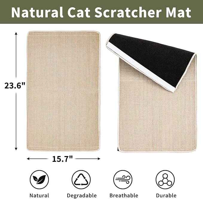 Cat Scratcher Mat, 23.6"x 15.7" Natural Sisal Cat Scratch Mat with Velcro Tape, Scratching Rug Pad for Indoor Cats, Furniture Protector, Floor Carpet, Wall Pad, M, Beige