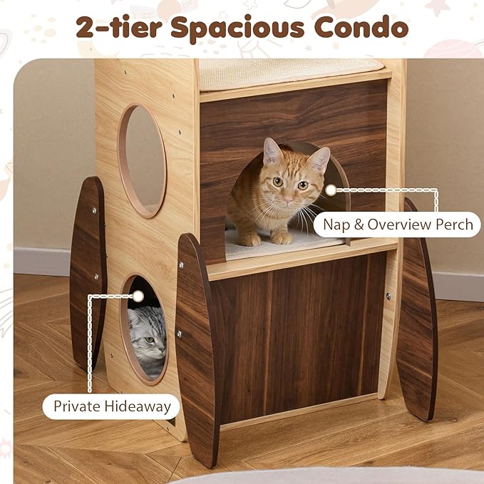 PETSITE 47-inch Rocket-Shaped Wood Cat Tree, Multi-Level Modern Cat Tower with Large Double-Layer Condo, Interactive Hanging Ball and Detachable Sisal Mats, Ideal for Indoor Cats