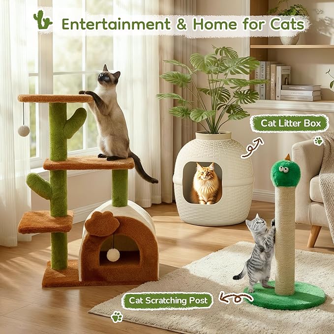 Cactus Cat Tree for Indoor Cats with Cozy Condo Wide Top Perch 27.5", Multi-Level Cat Tower with Climbing and Lounging Space Plush, Toy Ball, Brown