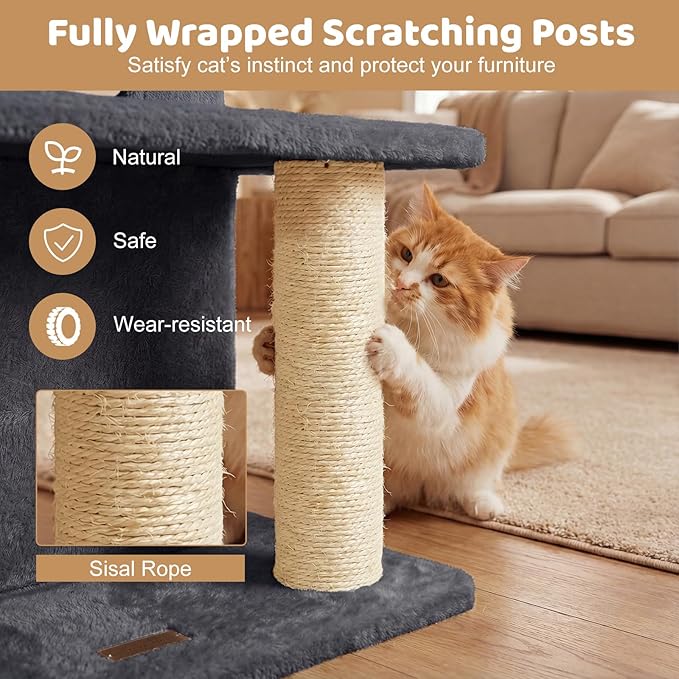 DORTALA Cat Tree for Indoor Cats, 33.5" Cat Tower with 2-Storey Condo, Top Perch, Sisal Scratching Posts, Dangling Ball, Platform, Multi-Level Pet Climbing Furniture Activity Center (Dark Grey)