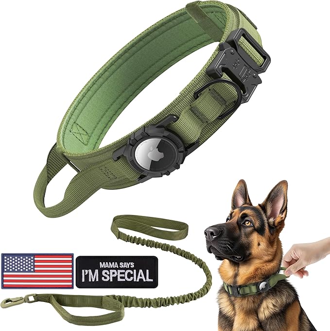 Tactical AirTag Dog Collar Leash Set - Heavy Duty, Adjustable GPS Collar Compatible with Apple AirTag, with Holder & Control Handle for Medium/Large Dogs [ Green, M ]