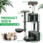 54 Inches Large Cat Tree Tower for Indoor Cat, Tall Cat Tower with Scratching Posts, Cat Condos, Cat Hammock, Pompoms, Top Perches, Sisal Rope, for Bed Room, Living Room (Black)