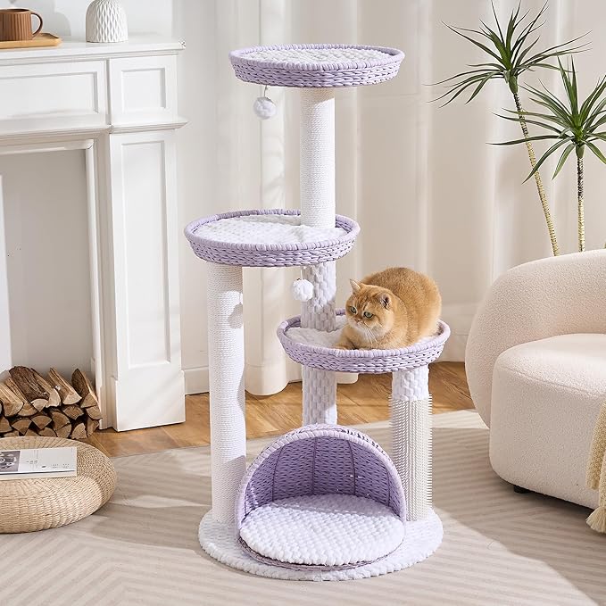 Modern Cat Tree Tower for Large Cat with Scratching Post for Indoor, 46 inch Multi-Level Cat Tower with Handwoven Beds, Cat Cave, Dangling Balls