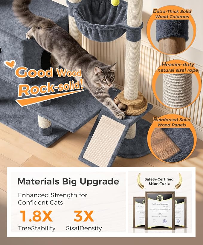 Catlike Rock-Solid 76" Tall Cat Tree Tower for Indoor Cats Large Adult, Heavy Duty Multi-Level Large Cat Tree with Sisal Scratching Posts, Perches, Cat Condos, Hammock Baskets, Cat Tower Light Grey