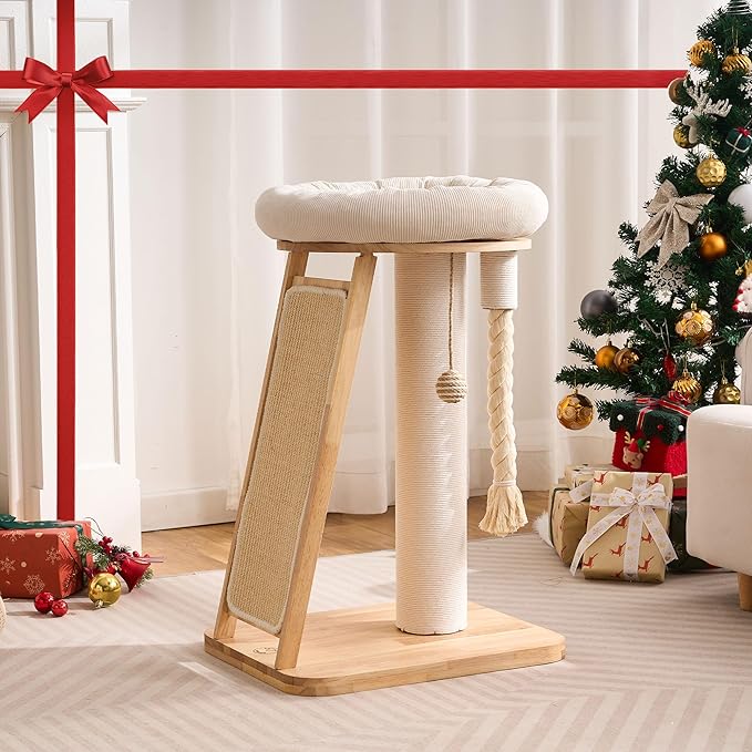 Modern Cat Tree Small Tower with Scratching Post for Indoor, Solid Wood Multifunctional Corner Cat Tree Tower with Bed, Dangling Ball,Interactive Rope, Scratching Board