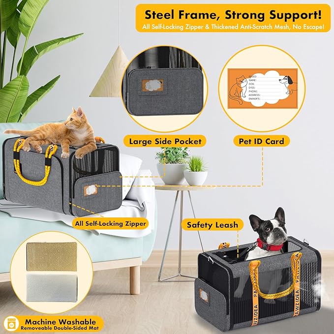 PAWZIDEA Expandable Pet Carrier Airline Approved, 18"×11"×11" Small Dog Carriers, Collapsible Top-Load Cat Carrier for 2 Cats Under Seat, Soft-Sided Puppy & Animal Travel Bag, ID Card, Up to 15lbs