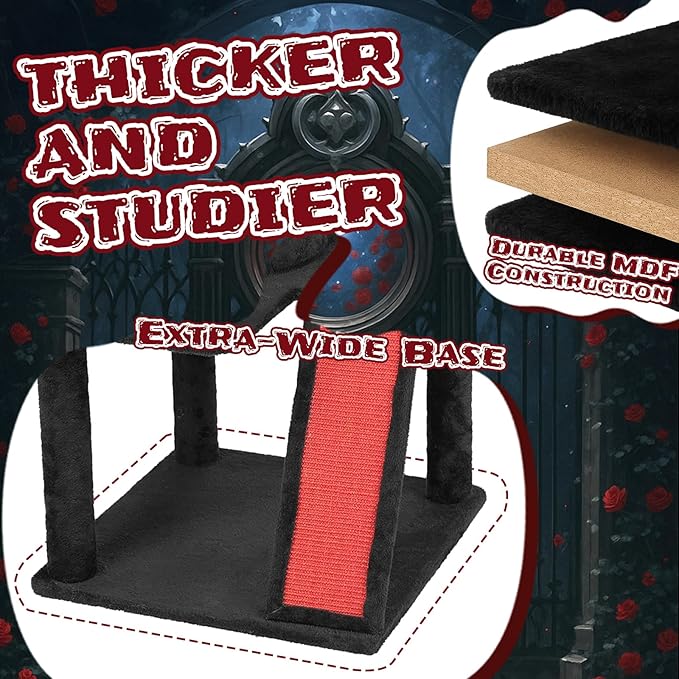 42" Gothic Cat Tree with Cat Condo for Indoor Cats, Halloween Cat Tower with Branch Shaped Scratching Post, Scratching Ladder & Spider Toy - Red & Black Themed Cat Furniture for Large Cats