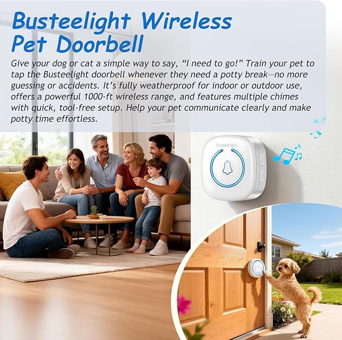 Soft Ring Dog Potty Bell for Training – Wht Wireless Dog Door Bell with 1000ft Range, LED Alert, 60 Tones, Waterproof Dog Bells to Go Outside – Bell for Dogs to Ring to Go Potty(2 Receivers & 1 Bell)