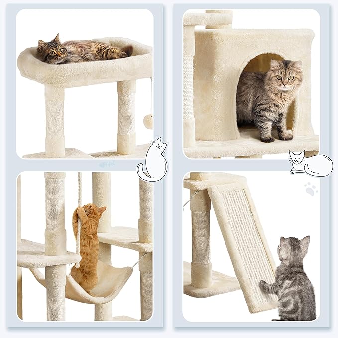 Yaheetech 54in Sturdy Cat Tree for Large Cats, Multi-Level Kitten Condo with Scratching Posts, Hammock & Top Perch, Indoor Pet Furniture for Kitties to Play, Climb, Scratch & Sleep, Beige