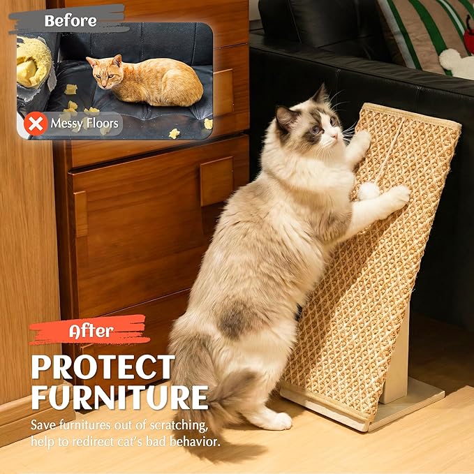 PETKARAY Inclined Cat Scratcher, Sisal Scratching Ramp for Indoor Cats, 24.8'' Cat Scratch Post for Couch, Replaceable Sisal Scratch Pad with Toy Ball, Classic