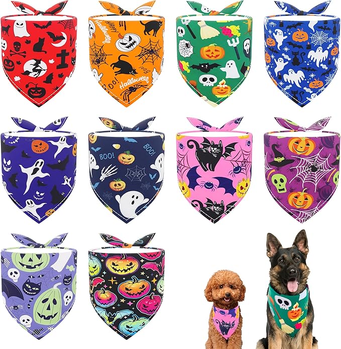 10pcs Halloween Dog Bandanas for Medium Breed Kerchief Triangle Bibs Scarves Pumpkin Bats Ghost Spider Owls Pattern for Girl Boy Grooming Costume