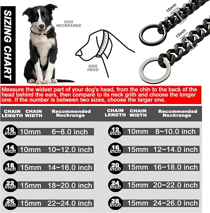 Dog Chain Collar Dog Walking Collar 15mm Black Strong Stainless Steel Cuban Link Chain Collar for Small Medium Dogs（24 Inches