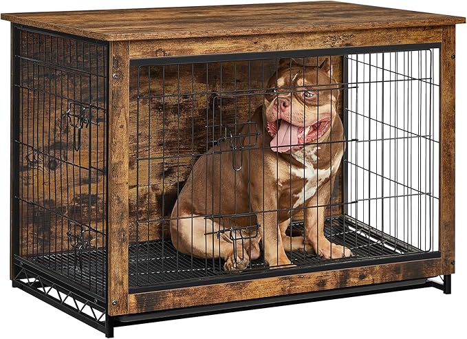 Feandrea 38.6" Dog Crate Furniture, Indoor Dog Cage Side End Table, XL Pet Wood Kennel for Large and Medium Dogs up to 70 lb with Multi-Purpose Removable Tray, Double-Door Pet House, Rustic Brown