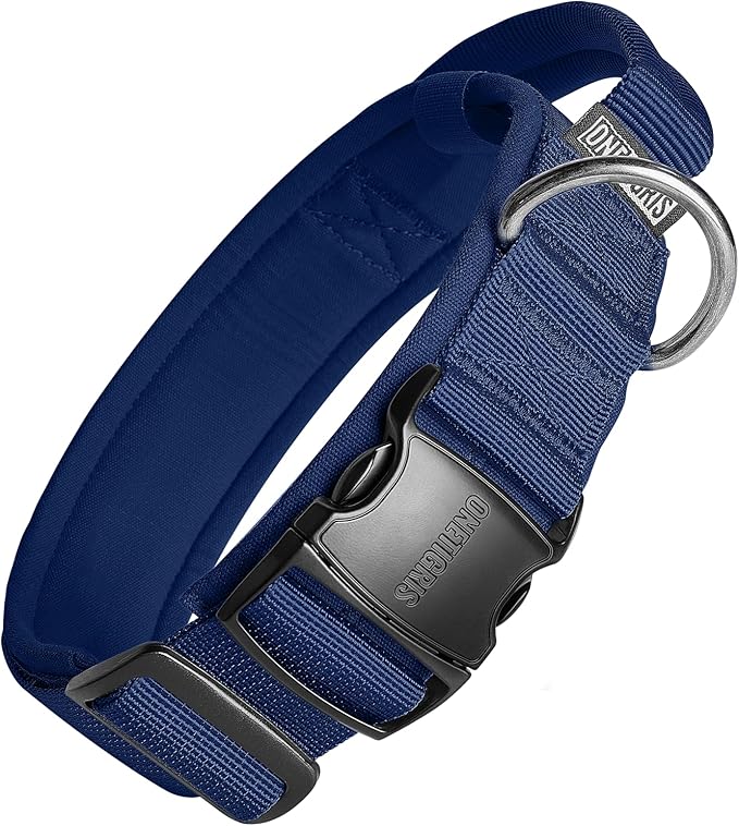 OneTigris Tough Dog Collars, Tactical Dog Collar with Handle, Milltary Adjustable Dog Collar with Heavy Duty Metal Buckle for Training (Medium,Blue)