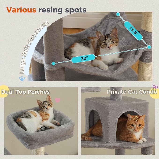 PEQULTI 56.3'' Cat Tree for Indoor Cats, Multi-Level Cat Tower with 2 Top Perch, Cat Condo, Hammock and Sisal-Covered Scratching Post, Grey