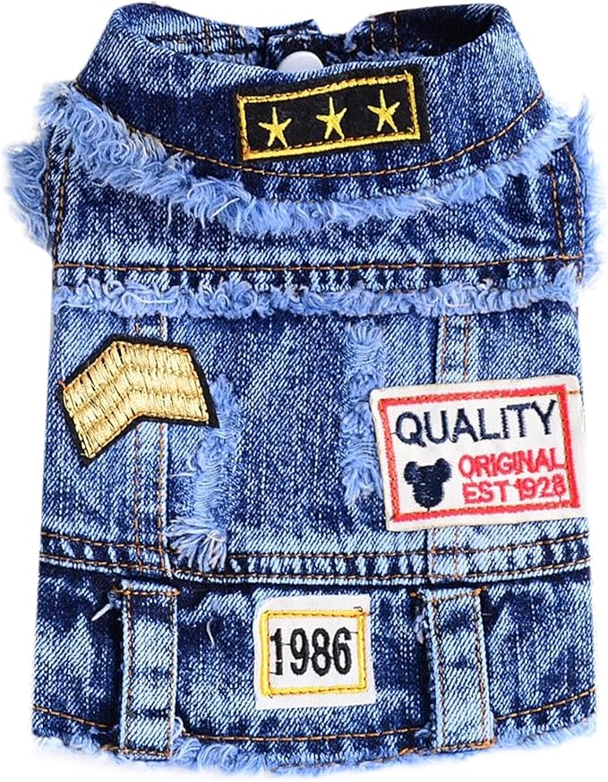 Cool Dog Jean Jacket Small Puppy Outfits Frenchie Clothes Denim Coats for Small Medium Dogs Cats Boys Girls Pet Vest Dog Shirt Clothing Doggy Costume (Blue Print, M（Suggest 6-9 lbs）)