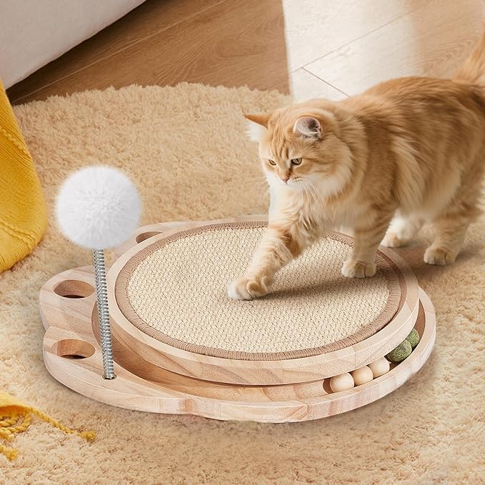 3-in-1 Cat Scratcher Board & Activity Center with Sisal Scratching Pad, Ball Track & Spring Toy, Interactive Cat Furniture for Indoor Cats