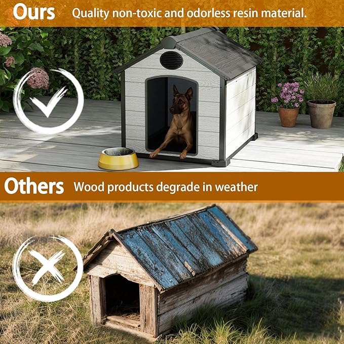 Indoor Outdoor Dog House Weatherproof for Small Medium Dogs, Resin Plastic Pet House with Flip Lid and Elevated Floor, Easy Assembly (45" Large Dog House)