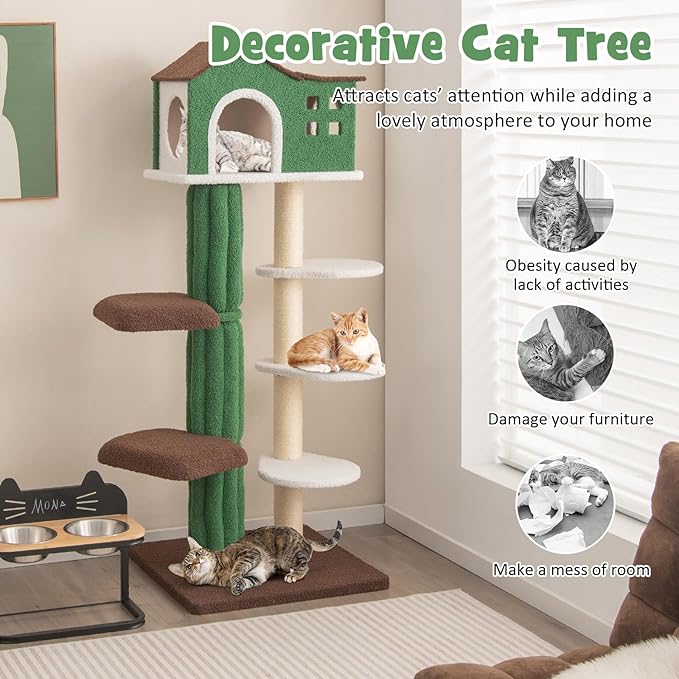 Tangkula Tall Cat Tree for Indoor Cat, 7-Tier 61” Modern Cat Tower with Sisal Scratching Posts, Top Condo, Soft Mohair Plush Fabric, Cute Cat Tree for Large Cats 20 lbs Heavy Duty