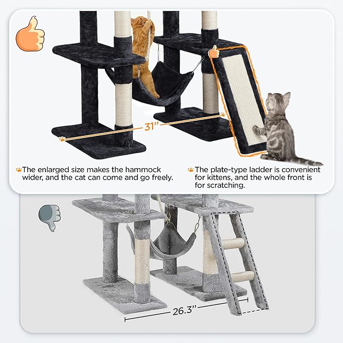 Topeakmart 63in Cat Tree, Large Cat Tower Furniture w/Cat Condo, Padded Platform & Sisal-Covered Scratching Post, Stable Cat Tower Pet Play House, Black