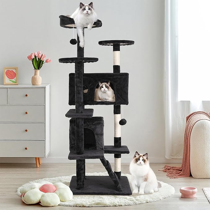 70" Multi-Level Cat Tree Tower with Scratching Posts, Toys & Condo - Space-Saving Design for Indoor Kittens, Compact Floor Footprint & Vertical Space for Multi-Cat Homes-Dark Grey