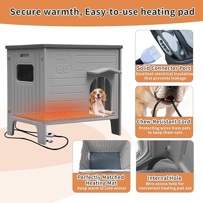 Rockever Heated Dog House Outdoor Indoor for Small Medium Dogs, Insulated Dog House with Heating Pad, Plastic Elevated Outdoor Dog House Waterproof Dog Kennel, Clean Easily(M & Heating Mat)