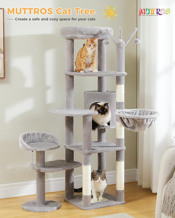 59" Cat Tree, Tall Cat Tower for Large Cat, Multi-Level Tower with 3 Removable Pompom Sticks, Cat Tree for Indoor Cats, Condo with Large Hammock, Scratching Post, and 2 Perches, Grey
