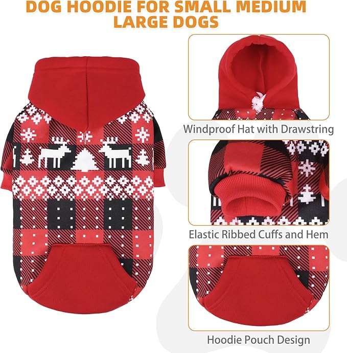 KOOLTAIL Christmas Dog Hoodie,Red Plaid Pet Clothes Sweater with Leash Hole&Pocket for Small Medium Large Dogs, Soft Winter Warm Dog Cold Weather Coat, Fleece Puppy Hooded Sweatshirt for Boys Girls, M