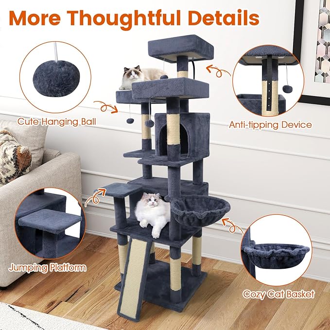 PETSITE Multi-Level Cat Tree, 65 Inches Tall with Sisal Scratching Posts, Condos, Rotatable Cat Basket, Dangling Balls, and Sisal Ladder, Ideal for Indoor Cats to Play and Rest (Dark Grey)