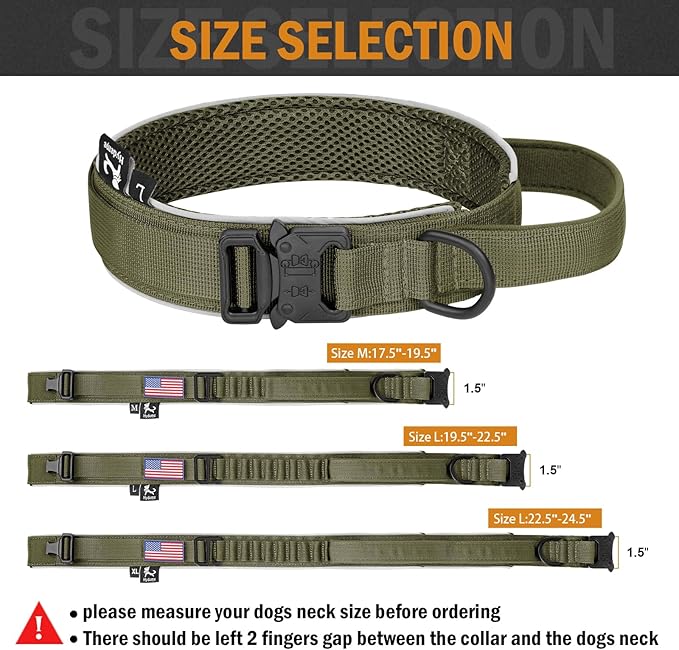 HYDEME Tactical Dog Collar, Alpine Loop Adjustable Military Training Nylon Dog Collars with Handle and Reflective for Small Medium Large Dogs, with Airtags Protective Case & Patches.(M,OliveGreen)