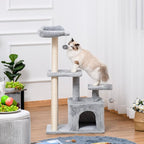 PawHut Cat tree Tower 114cm Climbing Activity Centre Kitten with Sisal Scratching Post Perch Hanging Ball Condo Toy Light Grey