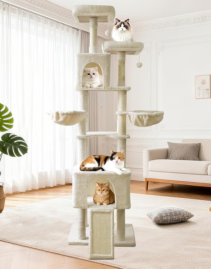 82" Tall Cat Tree,Giant Cat Tree for Indoor Cats Large Adult, Heavy Duty Cat Tree Tower, Extra Large Cat Trees with Scratching Posts, Cat Condos, Hammock,Top Perch,Ramp (Beige)