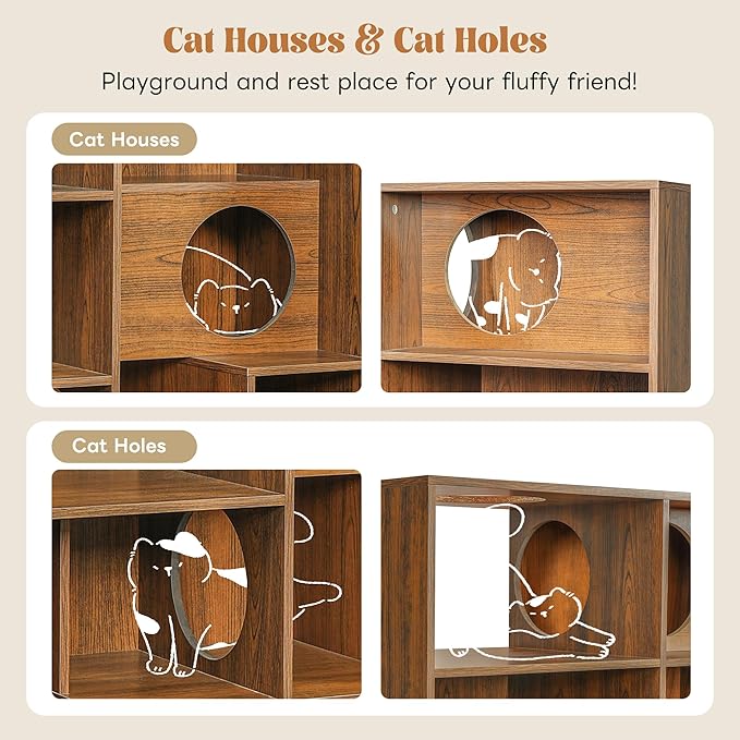 Bookcase Wooden Cat Tree, Brown Bookshelf Indoor Cat House Pet Furniture, Display Case with Storage, Cat Litter Box Enclosure Climbing Shelf