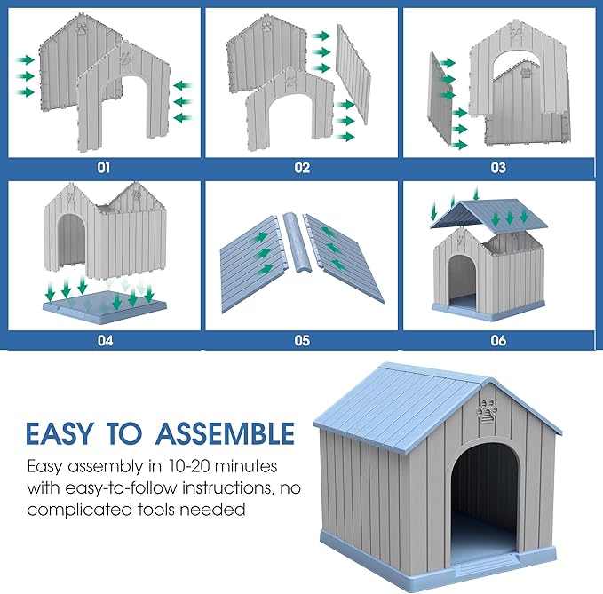 Fancyango Dog House Outdoor Indoor, Weatherproof Insulated Dog House with Elevated Floor and Air Vents for Small to Medium Dogs,Easy Clean and Assemble (Blue, 36.2''L×38''W×38''H)