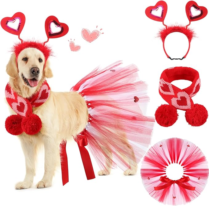 3 Pieces Valentines Day Dog Costume Set Including Red Love Headband Valentines Dog Tutu Dress Cute Pet Tutu Red Pet Scarf for Medium Animal Holiday Outfit Accessory