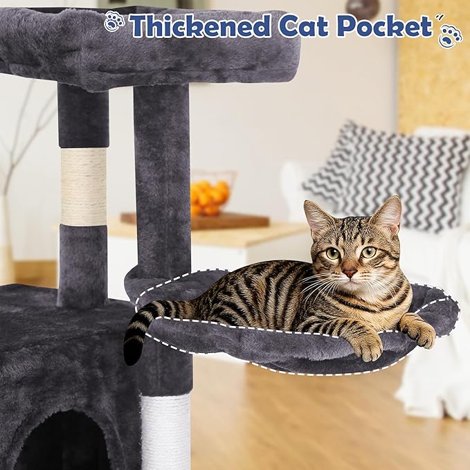 BLKMTY 36" Cat Tree Tall Cat Tower for Indoor Cats Condo Climber with Scratching Post, Climbing Stand, Plush Top Perch and Mouse Toy Cats Playhouse Kitty Activity Trees with Hammock, Light Gray