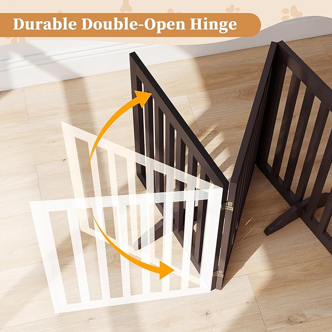 24”H Freestanding Wooden Pet Gate, Dog Gate for Stairs, Doorways, and Hallways, Step Over Foldable Pet Fence for Indoor Use, Support Feet Included, 60 inch Wide 3 Panels, Espresso