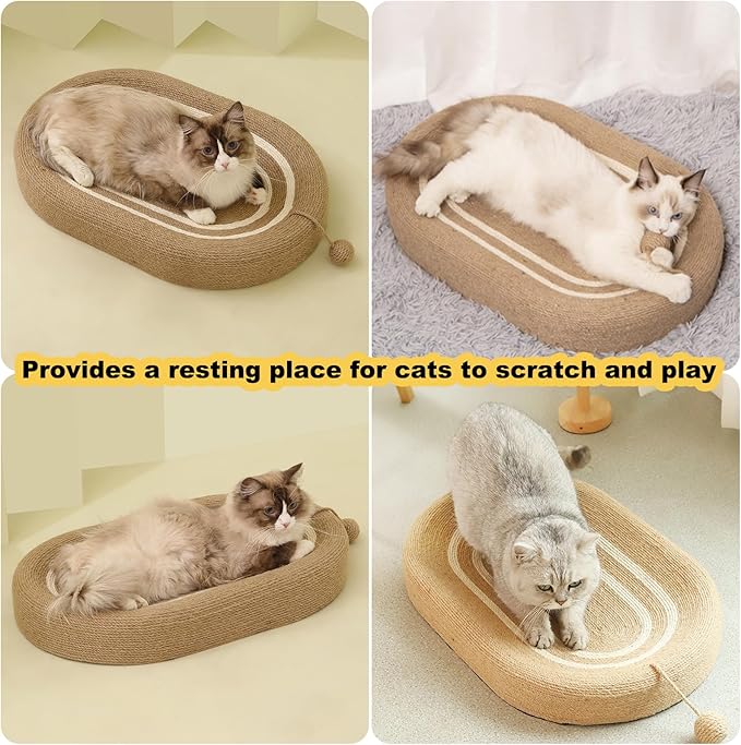 Oval Cat Scratching Board & Mat - Cat Scratching Post 24 Inch Made of Durable Sisal Rope, 3-in-1 Scratching Bed for Indoor Cats to Play, Rest & Scratch (24-inch Brown)